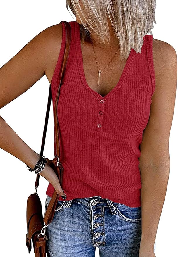 MEROKEETY Women's 2026 Summer Sleeveless Tank Tops V Neck Ribbed Dressy Casual Henley Shirts Button Loose Cami Tees