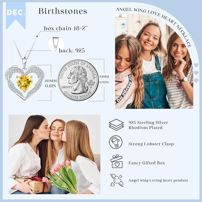 Jurikko Heart Necklaces Valentine's Gift for Women, Birthstone 925 Sterling Silver Angel Wings Love Pendant Necklaces for Women, Jewelry Gifts for Wife, Anniversary, Mother's day