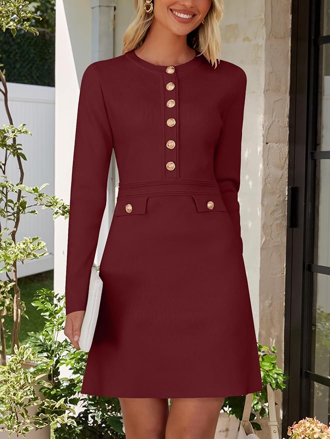 NENONA Women's 2026 Long Sleeve Fall Winter Sweater Dress Spring Fashion Button Elegant Business Casual Work Mini Dresses