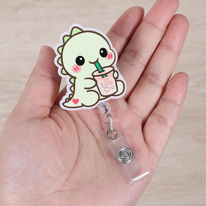 Dino With Iced Coffee Funny Medical Badge Reel | Retractable ID Card Dinosaur Badge Holder | Name Tag Work Badge Clip for RN LPN CNA MA Night Shift Nurse Nursing Student Doctor | Nurse Gifts | Acrylic