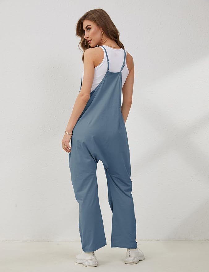 Lentta Women's Causal Jumpsuits V Neck Sleeveless Harem Overalls Stretchy Adjustable Strap Romper with Pockets