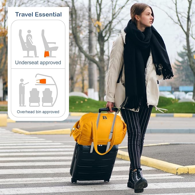 TOPDesign Travel Duffel Bag for Women, Puffer Gym Bag Sports Tote with Wet Pocket, Carry On Weekender with Luggage Sleeve (Golden Yellow)