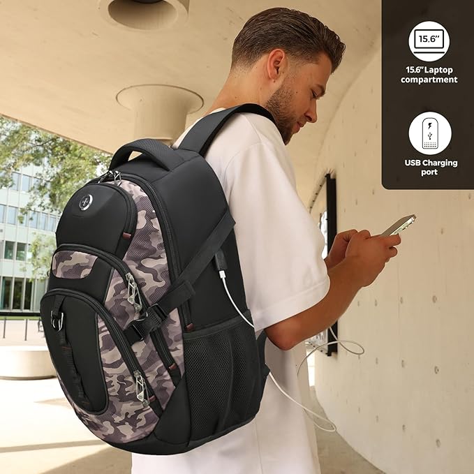 Swissdigital Design Laptop Backpack with USB Charging Port, Travel Backpack Fits 15.6 inches Computer, 31L College School Backpack for Men, Khaki Camo | SD803-94