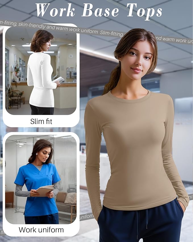 4 Pack Women's Underscrub Shirts Nurse Undershirts Long Sleeve Crewneck Slim Fit Tops Soft Stretchy Basic Tee