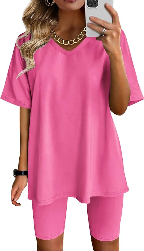 AGSEEM Two Piece Outfits For Women Summer V Neck T-Shirt Tops Biker Shorts Workout Sports Tracksuit