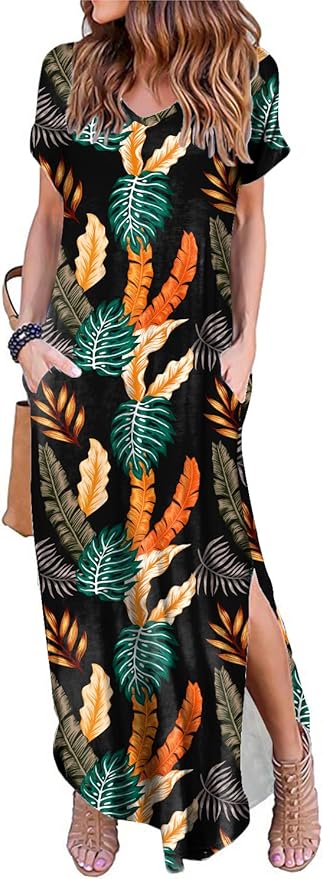 Arolina Women's Summer Maxi Dress Short Sleeve V Neck Casual Loose Long Beach Split Dresses with Pockets