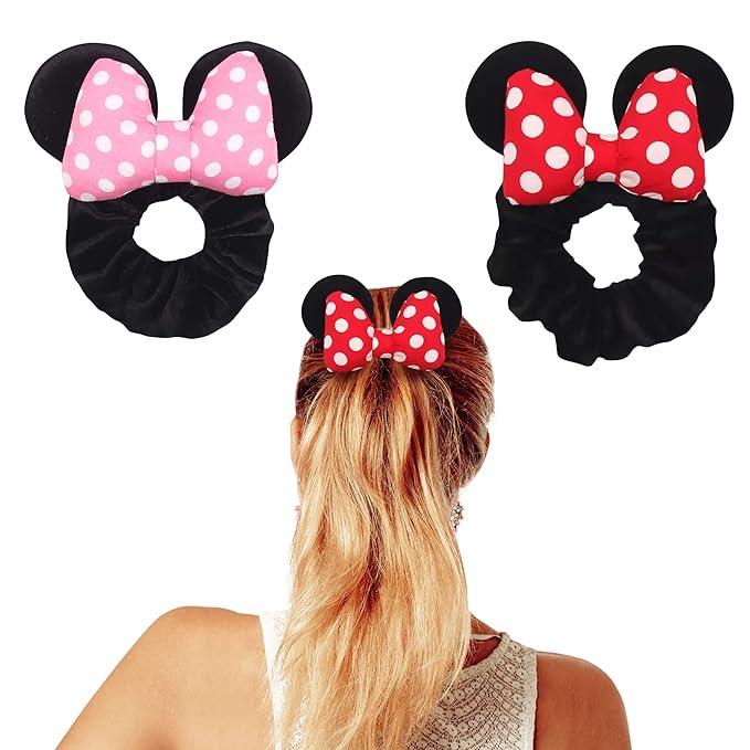Styla Hair Scrunchies for Kids and Women - 2pk Velvet Bow Scrunchies with Sparkle Sequins Hair Bands for Pony Tails (Red White Puff Dot)