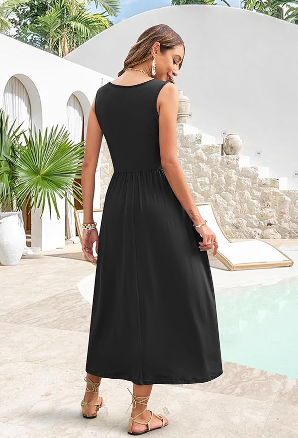 WNEEDU Women's Summer Maxi Dress 2026 Casual Sleeveless Hawaiian Sundress Tropical Long Dress Beach Vacation Outfit