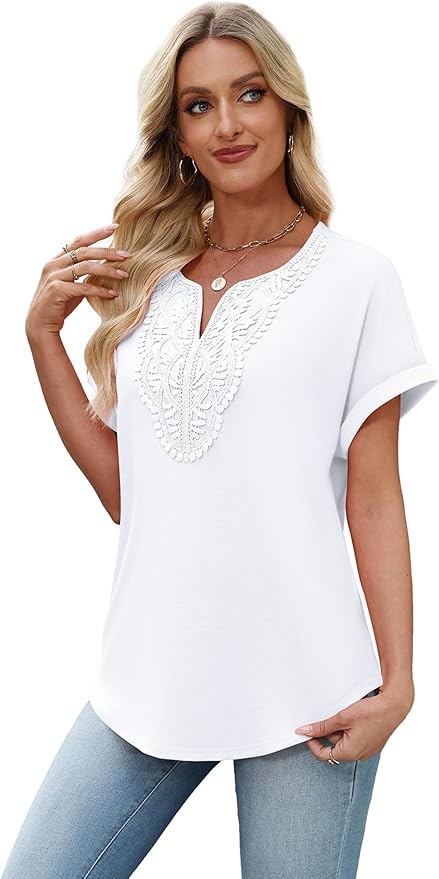 Sipaya Womens Blouses Dressy Casual Summer Shirts Short Sleeve Lace Front Boho Tunic Tops for Leggings Fashion Clothes