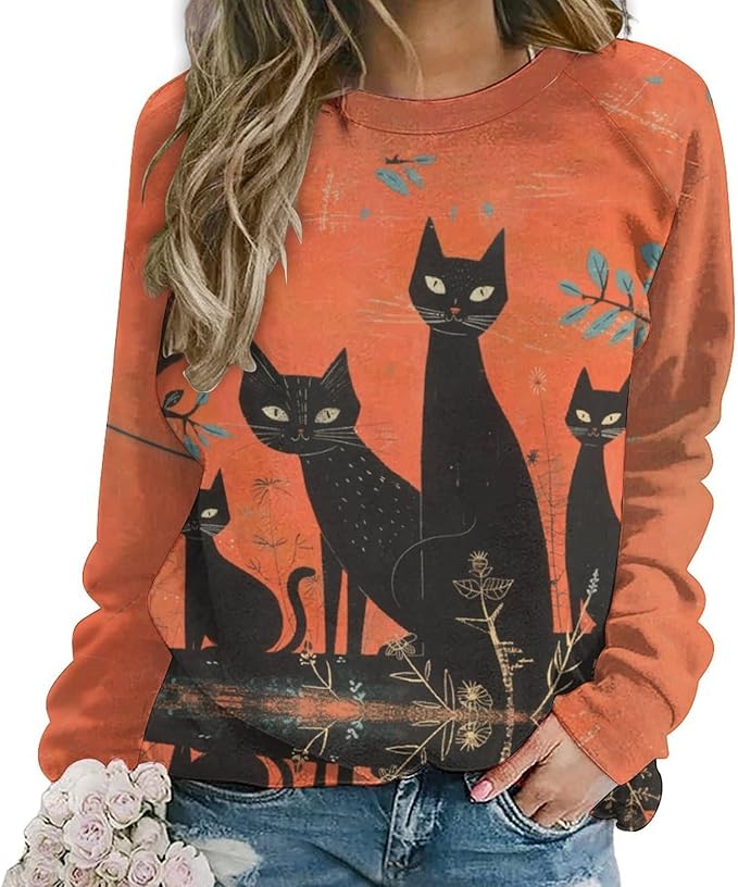 Spatofa Womens novelty funny cat printed crewneck sweatshirt casual loose long sleeve graphic pullover sweatshirts tops