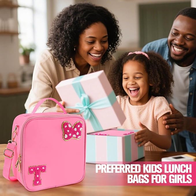 Preppy Initial Bow Mouse Lunch Bag, Kids Insulated Lunch Box Gifts for Teen Girls Daughter, Reusable Soft Lunch Containers Crossbody Cooler Bag Must Haves for Park Travel School Work Picnic Pink T
