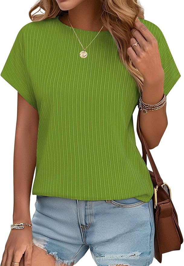 JUSTFASHIONNOW Womens Short Sleeve Blouses Business Casual Tops Crew Neck Basic Tees Textured Work Shirts Cute Office Outfits