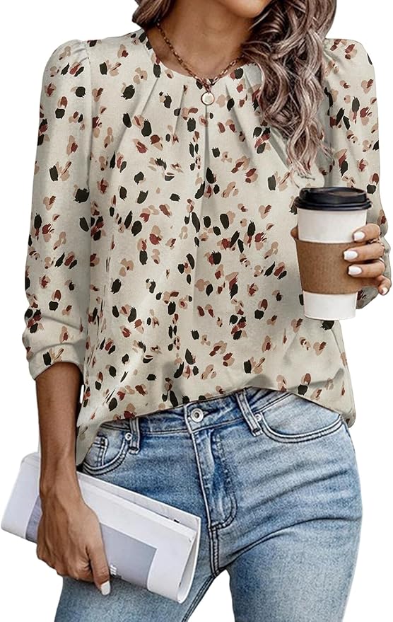 Samefar Womens Tops Dressy Casual Pleated Crew Neck Long Sleeve Shirts Office Work Chiffon Blouses