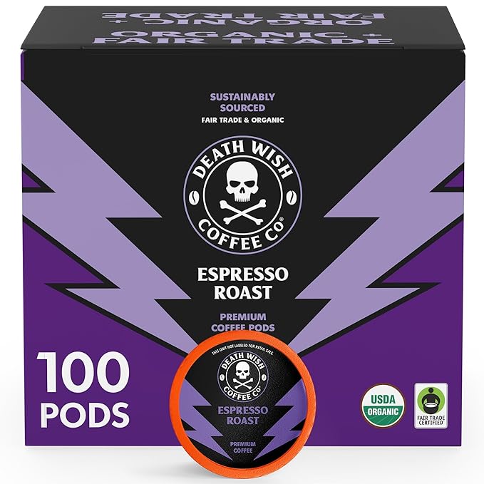 Death Wish Coffee - Single Serve Pods - Dark Roast Coffee Pods - Made with USDA Certified Organic - Extra Kick of Caffeine (100 Count (Pack of 1), Espresso Roast)