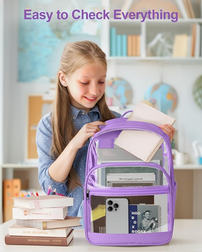 KIMNERPU Clear Backpack, Heavy Duty Transparent Bookbag for School, Fabric & PVC Transparent Backpack with Reinforced Strap for Women Men, Capacity Clear Bag for College, Travel, Purple