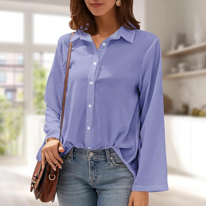 Womens Classic Shirts Casual Button Solid Color Long Sleeve Work Blouse Collared Relaxed Fit Summer Tops