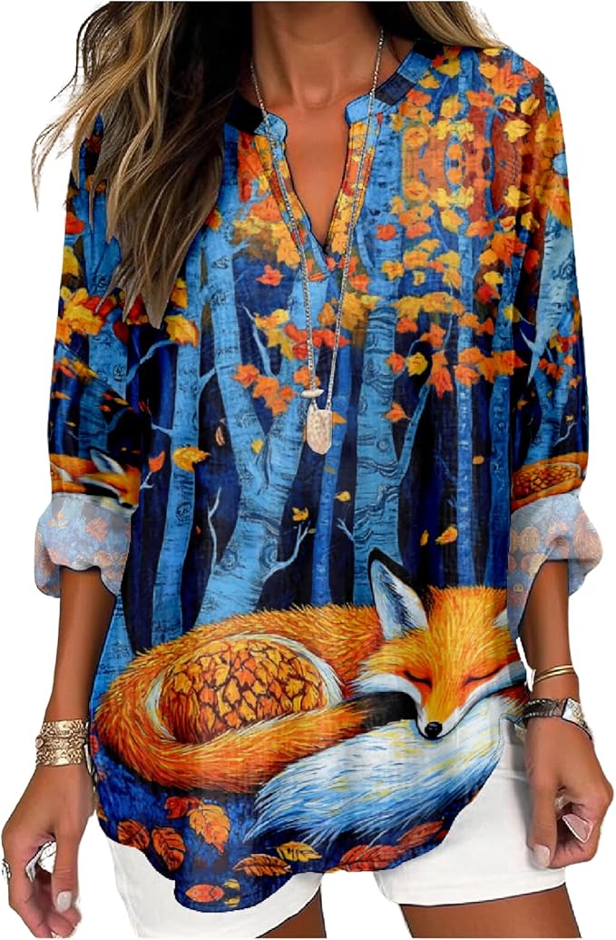 MARSVOVO V Neck Shirt For Women Boho Multi Style Blouse Long Sleeve Novelty Graphic Plus Size Pullover Tops For Women