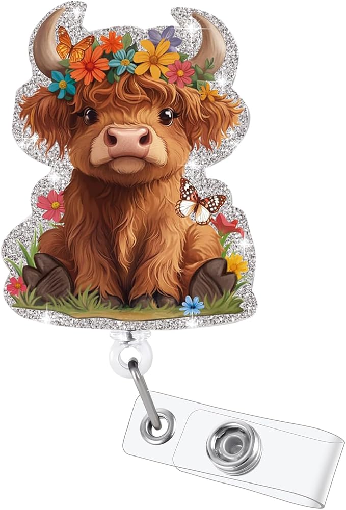 Funny Badge Reel, Cute Highland Cow Retractable ID Card Badge Holder, Name Tag Pediatric Badge Clip for NICU RN LPN CNA MA ER Night Shift Nurse Nursing Student OB/GYN ICU Doctor Teacher, Nurse Gifts