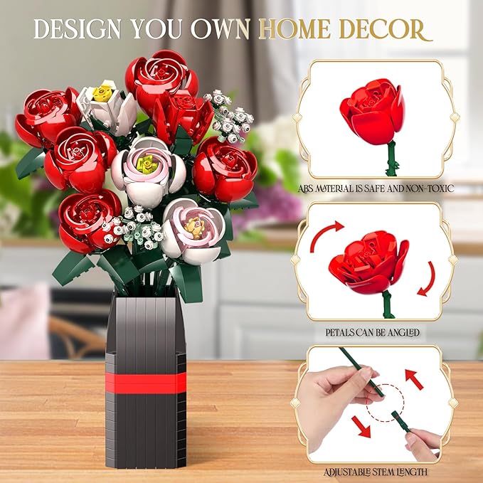 KOJAYHOL Roses Flower Bouquet Building Kit for Adults, Kids, 841PCS DIY Flowers Bouquet Building Set with Vase, Roses Artificial Flowers Building Set, Gifts Ideas for Anniversaries, Birthday, Wedding
