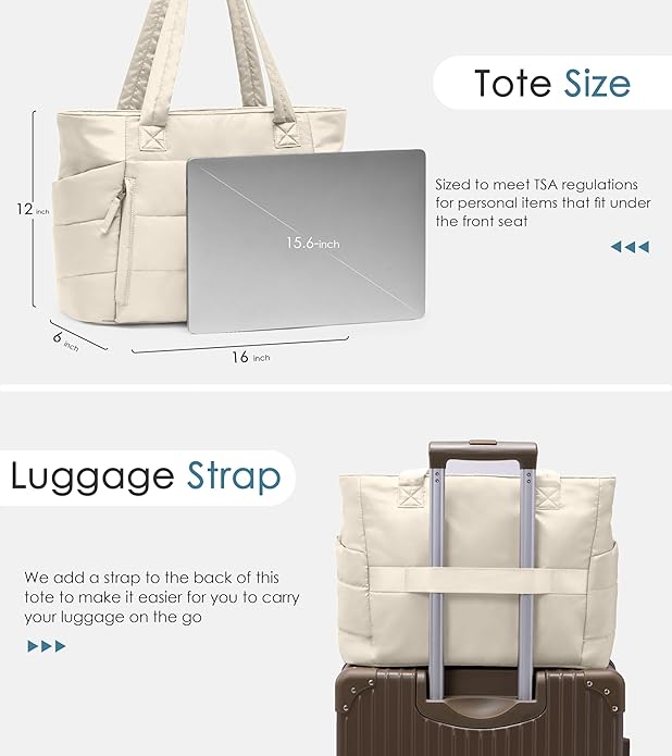 Tote Bag for Women with Zipper, Quilted Puffer Tote Bag with Compartments, Lightweight Puffy Work Bags for Women Travel
