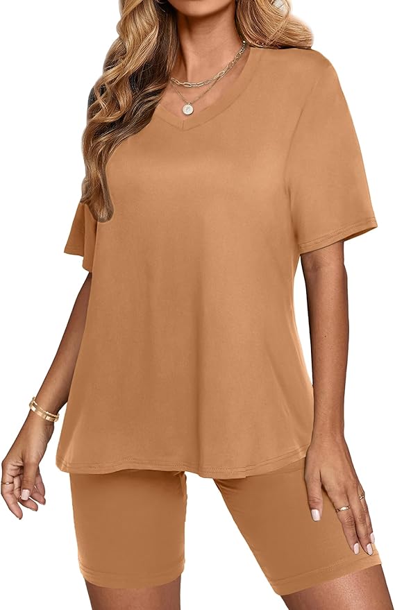 AGSEEM Two Piece Outfits For Women Summer V Neck T-Shirt Tops Biker Shorts Workout Sports Tracksuit