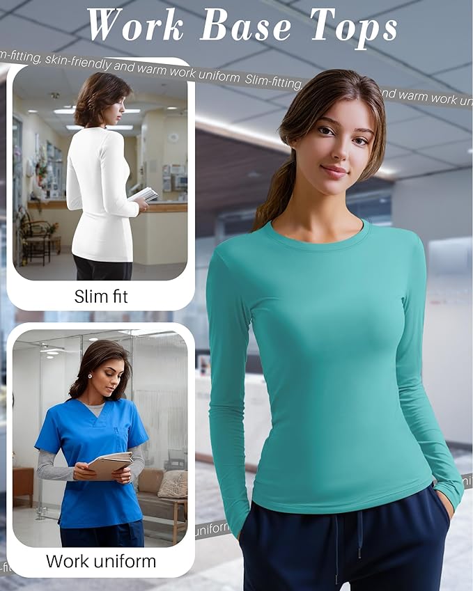 4 Pack Women's Underscrub Shirts Nurse Undershirts Long Sleeve Crewneck Slim Fit Tops Soft Stretchy Basic Tee