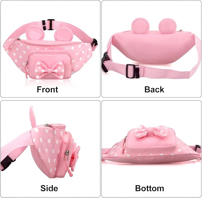 Pink Fanny Pack for Women Teen Girls Mini Mouse Fanny Pack Cute Bowknot Polka Dot Waist Pack Outdoor Travel Waist Bag Cartoon Hiking Belt Bag Bum Bags with Mouse Ears