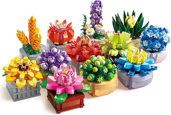Succulents Set for Adults Building Sets, 12 Plants, Home Decor, Birthday Gifts for Women, Creative Housewarming Gifts, Botanical Collection, Flowers Succulents Artificial Plant Kit (1174 piece)
