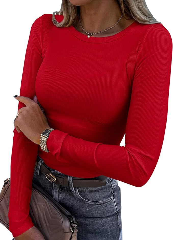 Roselux Womens Long Sleeve Stretch Crewneck Ribbed T-Shirt Fitted Casual Basic Tops