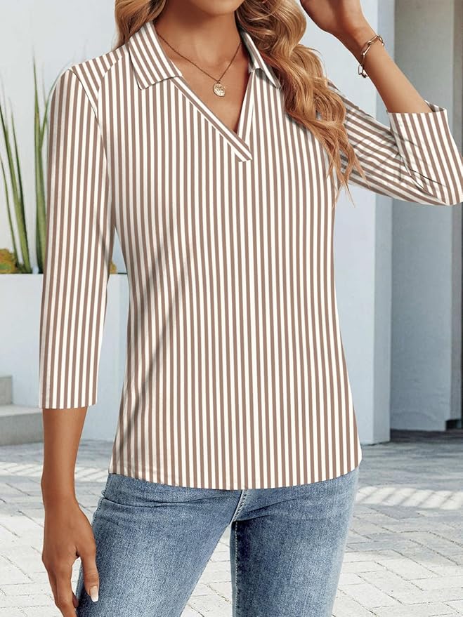3/4 Length Sleeve Womens Tops Dressy Casual V Neck Polo Shirts Business Work Blouses 2025 Trendy Tunic Top