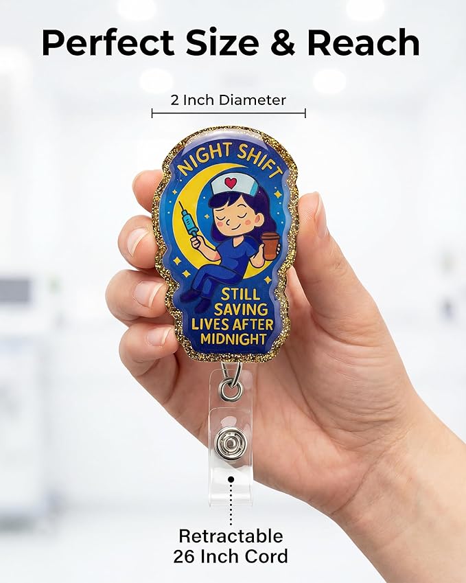 Night Shift Nurse Badge Reel Retractable 2 Pack - Funny Glitter Sleep? ID Name Tag Holder for NOC RN LPN - Cute Labor and Delivery Nurse Accessories - Midwife & ER Nursing Gifts for Work