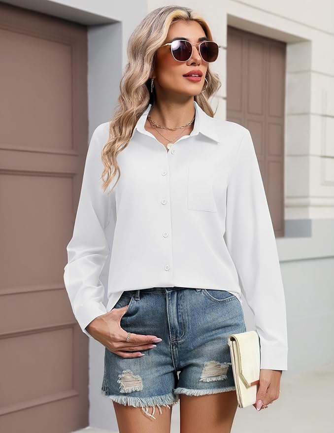 HOTOUCH Button Down Shirts for Women Long Sleeve Blouse Dressy Casual Business Work Tops with Pocket