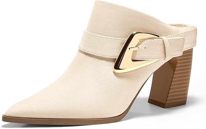 Coutgo Womens Mules Boots Chunky Stacked Heel Pointed Toe Booties Slip On Dress Boot Shoes with Buckle Decoration