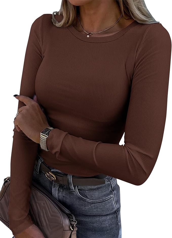 Roselux Womens Long Sleeve Stretch Crewneck Ribbed T-Shirt Fitted Casual Basic Tops