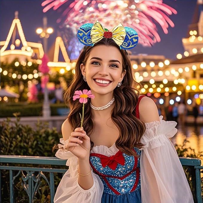 WW-WONDERFULWORLD Enchanted Mouse Ears Headband, for Fairy Tale Princess Dress Costume, Park Cosplay Party- Blue Glitter Sequin Ear with Royal Sleeve Patches & Golden Bow, Crystal Red Apple Accent