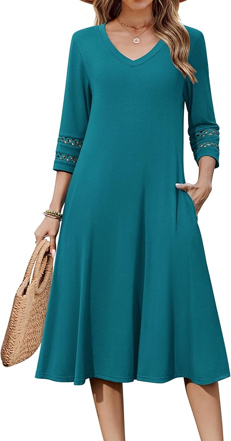 Zeagoo Women's Dresses 3/4 Sleeve Summer Casual V-Neck A Line Flowy Eyelet Midi Dress for Women Beach Vacation Sundress