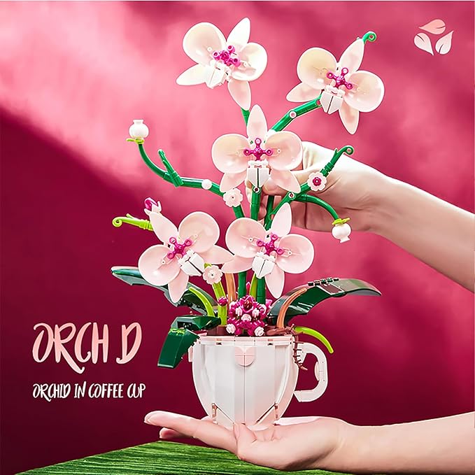 iixeal Pink Orchid Flower Building Set for Adults, Coffee Cup Orchid Botanical Collection Plant Building Kit, Home and Office Decor Gift for Christmas Day, Valentines, Birthday 567pcs