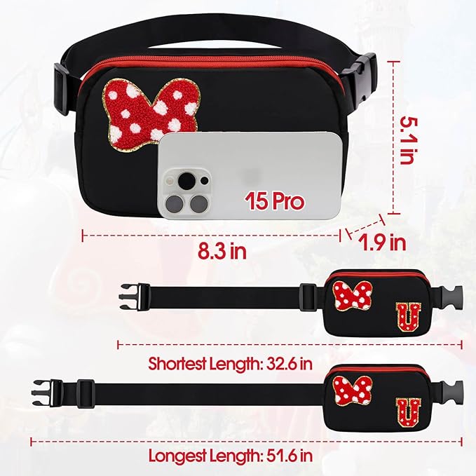 Chenille Initial Letter Bow Mouse Fanny Pack, Waterproof Park Crossbody Bag Christmas Birthday Gifts for Teen Girls Daughter Women Kids Adults, Cute Belt Bag Must Haves for Park Travel (U, Black)
