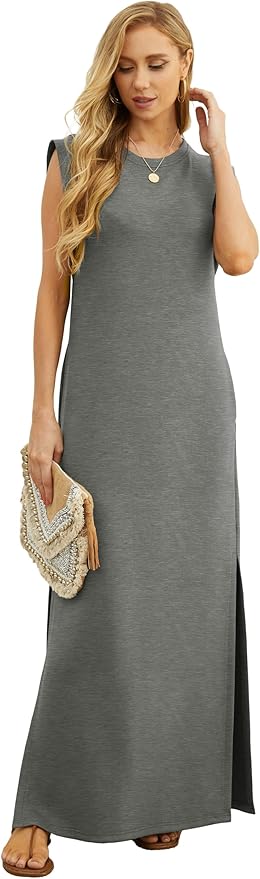 GRECERELLE 2026 Women Year-Round Casual Round Neck Loose Split Wrinkle-Free Long Maxi Vacation Dress with Pockets (XXS-4XL)
