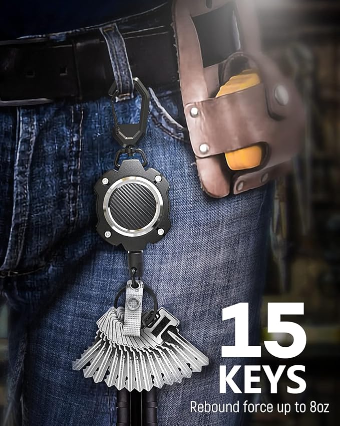 LIUGX Retractable Keychain, Heavy Duty Carabiner Key Chains, 10,000+ Rebound, Impact Resistance Tactical ID Badge Reel with 31.5” Wire Rope and Key Ring, Up to 8oz, Aluminum Ring, Carbon Fiber-Texture