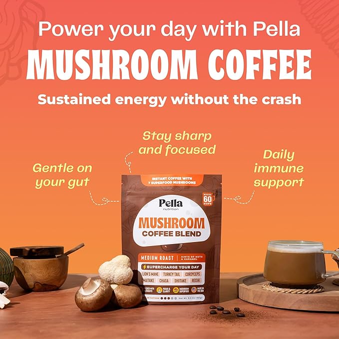 Pella Nutrition Mushroom Coffee – Lions Mane, Reishi, Chaga, Cordyceps, Shiitake, Maitake, and Turkey Tail Mushroom Supplement – Superfood Instant Coffee for Focus & Energy (Regular Caffeine, 60 Cups)