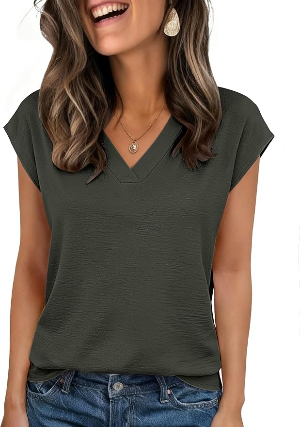 Zeagoo Womens Tops Cap Short Sleeve Textured Blouse V Neck Summer Spring Shirts Business Casual Outfits