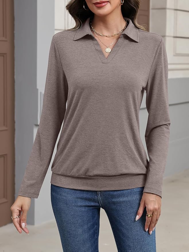 Womens Polo Shirts Long Sleeve Banded Bottom Tops Business Casual Tops Collared V Neck Blouses