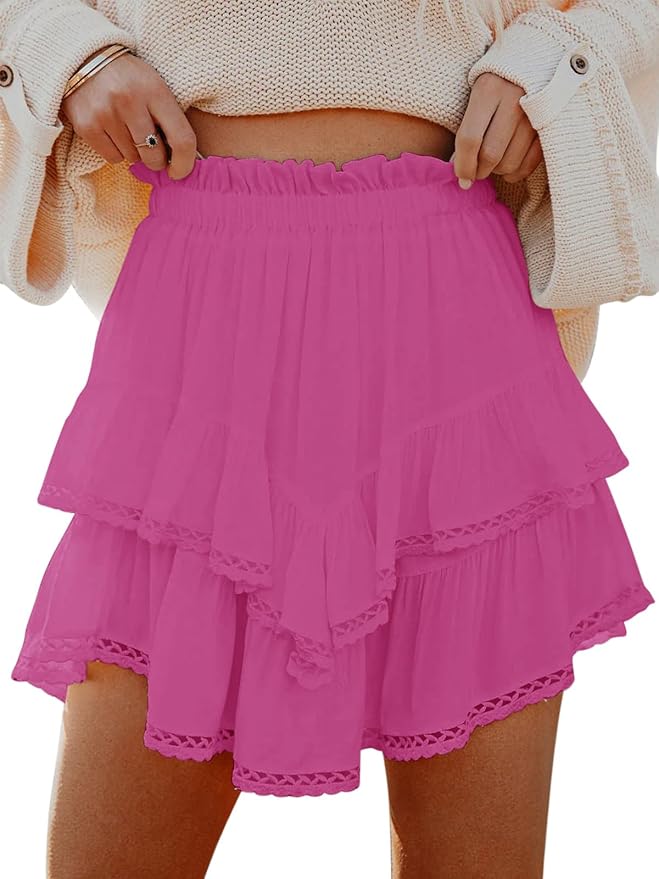 Aoudery Flowy Shorts for Women Casual Boho Ruffle Tiered Skorts High Waist Mini Skirts Golf Tennis Crochet Shorts