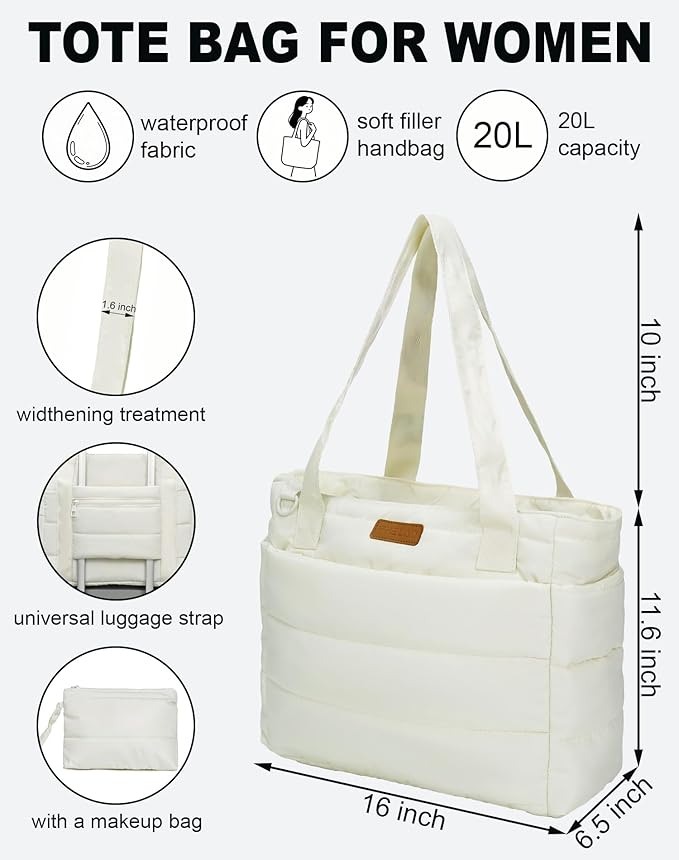 Quilted Puffer Tote Bag for Women, Waterproof Lightweight Work Bag for Nurse/Commuter with 16" Laptop Pocket | Puffer Tote Bag