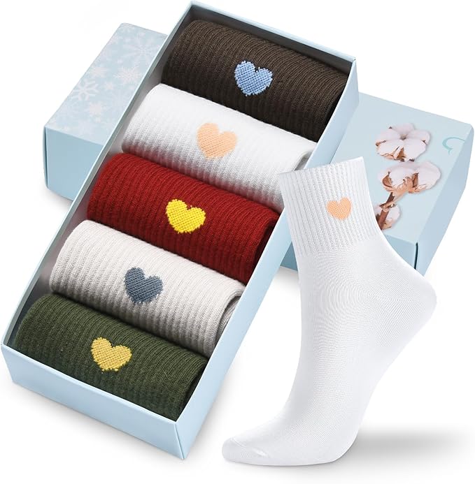 Corlap Women's Cute Cotton Crew Athletic Running Socks - Ankle High, Novelty Fun Heart Design 5-Pairs (Gift Box)