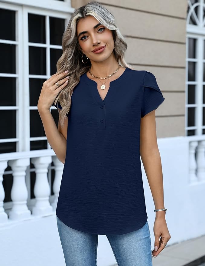 Zeagoo Womens Tops Dressy Casual Textured Blouses Cap Short Sleeve Shirts V Neck Button Up Summer Spring Work Tshirt Clothes