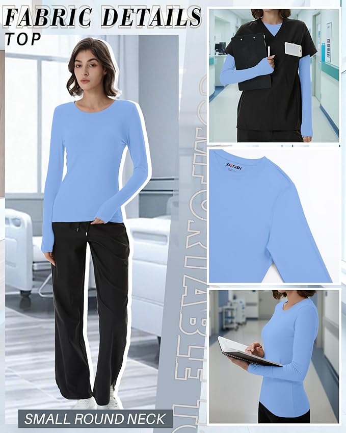 4 Pack Women's Underscrub Shirts Nurse Undershirts Long Sleeve Crewneck Slim Fit Tops Soft Stretchy Basic Tee