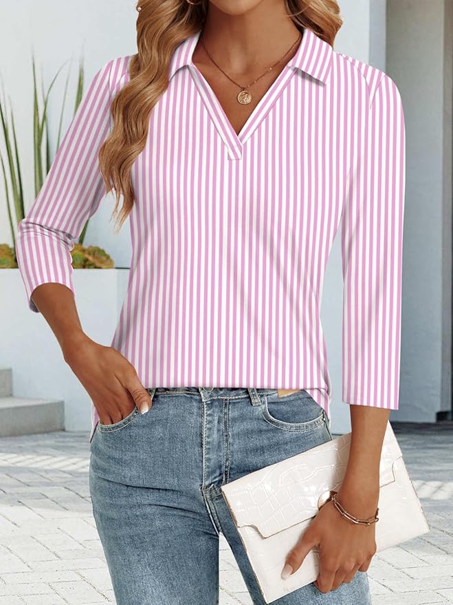 3/4 Length Sleeve Womens Tops Dressy Casual V Neck Polo Shirts Business Work Blouses 2025 Trendy Tunic Top