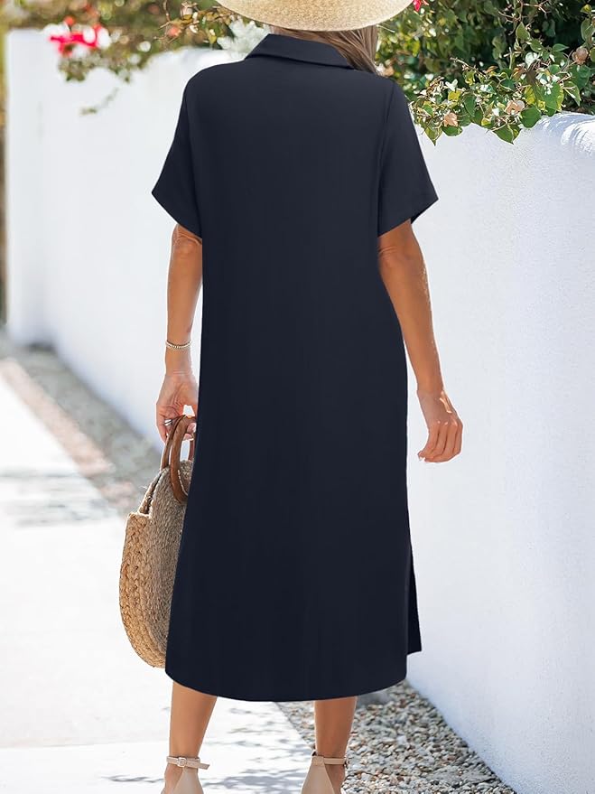 Zeagoo Women Dresses Summer Casual Short Sleeve Button Down Shirt Dresses 2025 Beach Cover Up with Pockets